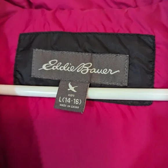 Eddie Bauer Down Long Tunic Length Puffer Parka Coat Black Fushcia Girls L 14-16 - Picture 12 of 16